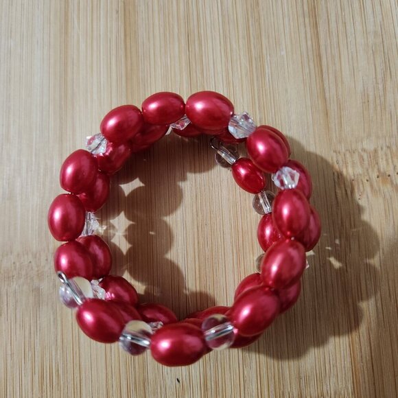 Hand Crafted Pearl Wrap Bracelet Earrings Set Red Faux Pearls Clear Crystals - Picture 5 of 9